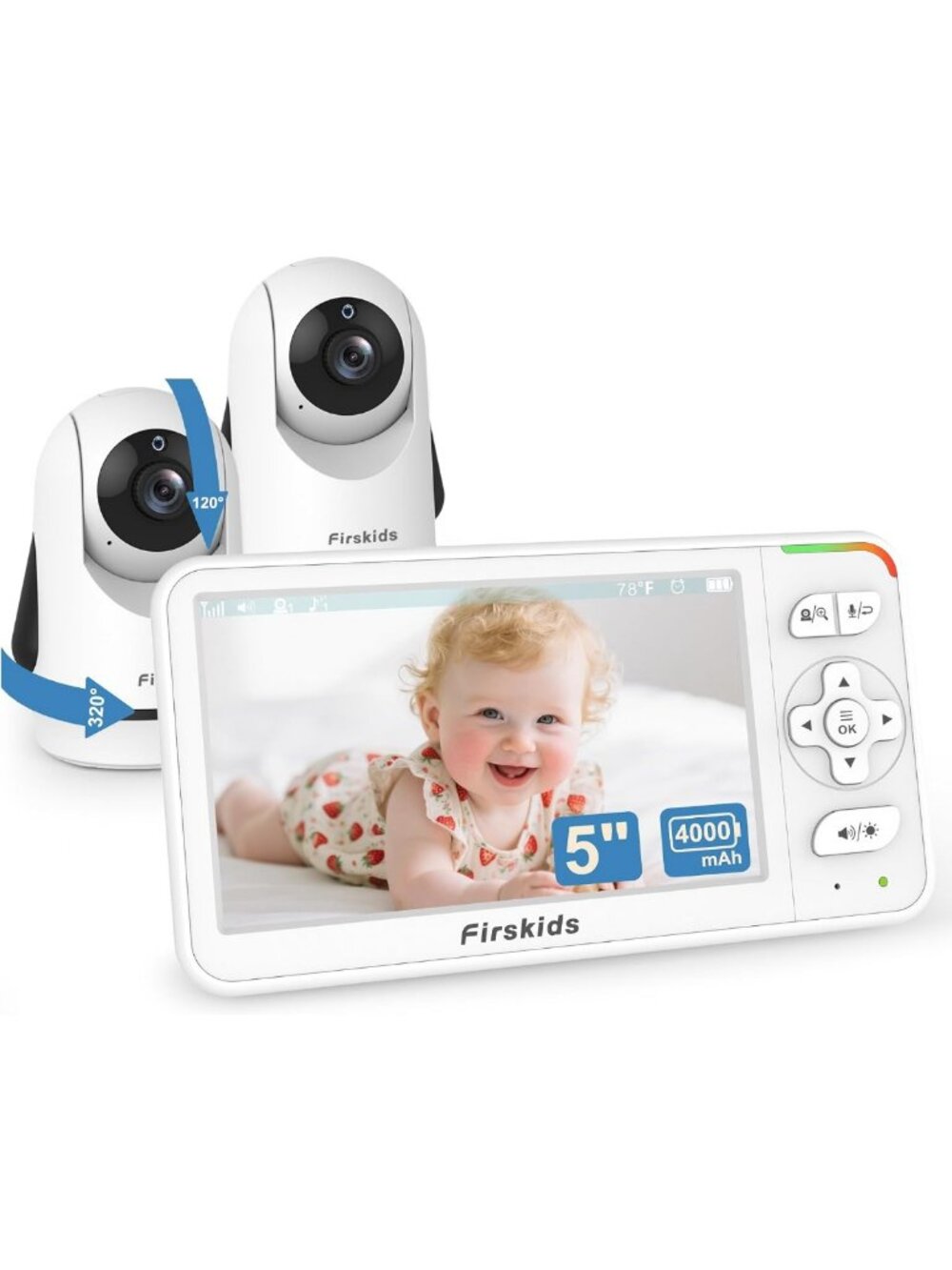 Dual Camera Baby Monitor - 5" Screen, No Wi-Fi, 32H Battery, 2-Way Talk, Night